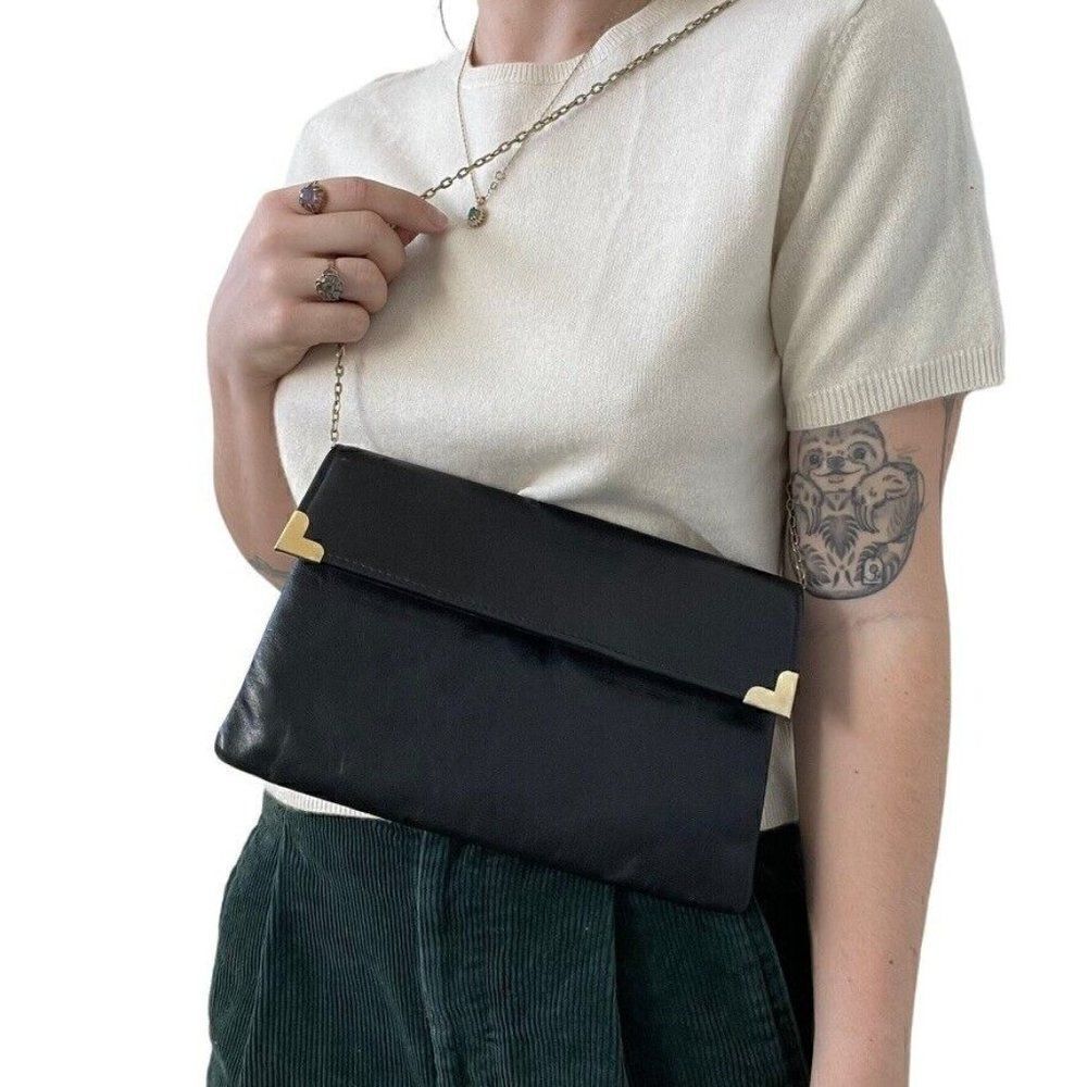 Vintage 1960s Womens Black Leather Clutch Shoulder Bag MidMod Evening Purse